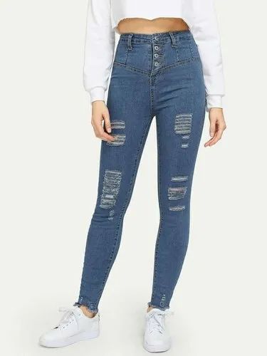 Skinny High Rise Ladies Ripped Jeans, Waist Size: 28