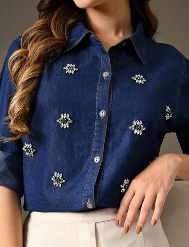 Ladies Embellished Denim Shirt