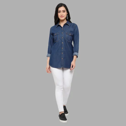 Plain Blue Women Full Sleeve Denim Shirt, Size: Large, Casual