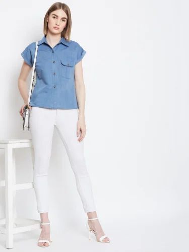 Plain Blue Denim Shirt For Women TO02050220, Casual
