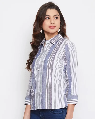 Ladies Grey White Stripes Shirt TO02050250-3, Formal