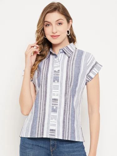 Blue lINEN Striped Shirt Style Top TO02050292