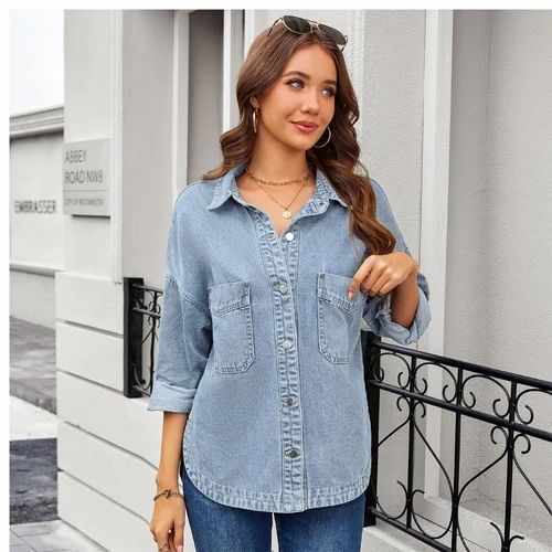 Womens Washed Retro Denim Shirt Loose Fit Mid Length Casual Slit Denim Top