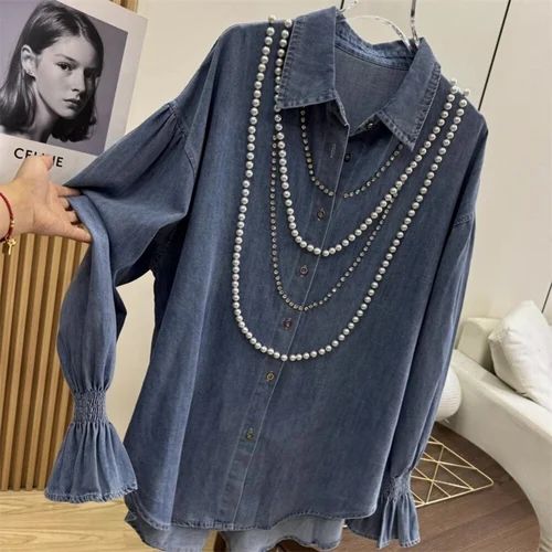 Navy Blue Ladies Denim Full Sleeves Shirt, Size: XL