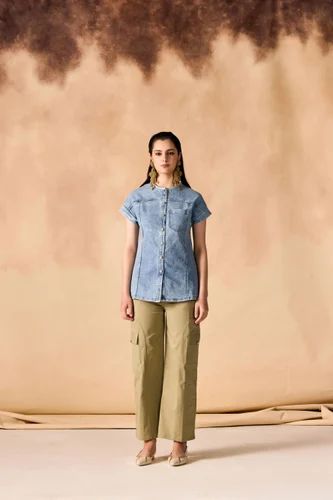 Ladies Button Up Stone Washed Denim Shirt, Size: Medium