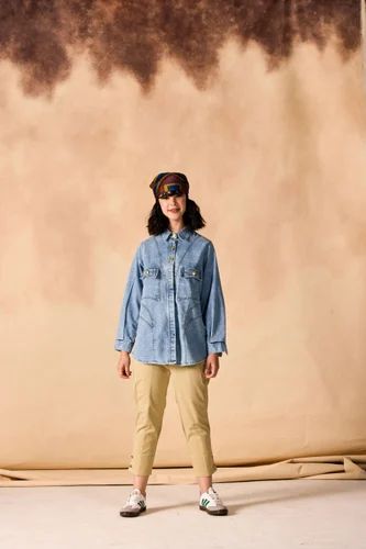 Ladies Oversized Stone Washed Denim Button Up Shirt, Size: XL