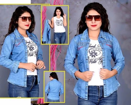 Blue(Base) Printed Ladies Denim Shirt, Formal