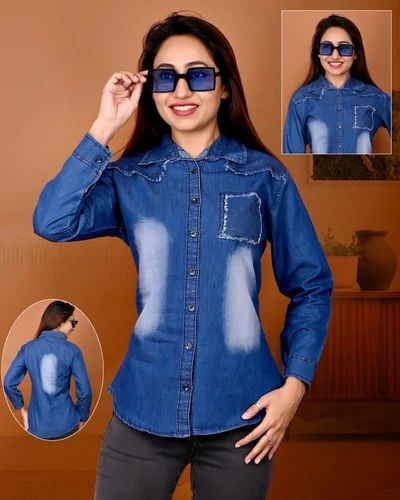 Plain Ladies Blue Denim Shirt, Formal