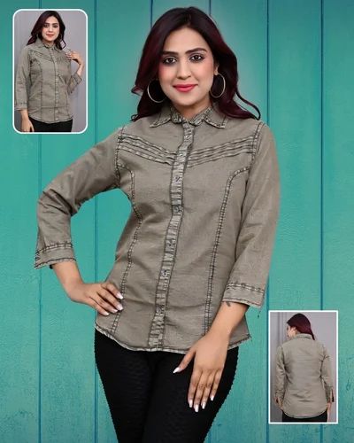 Plain 3/4 Sleeve Denim Ladies Shirt, Formal