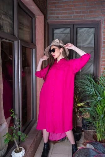 Plain Pink Ladies Satin Long Shirt, Size: Large