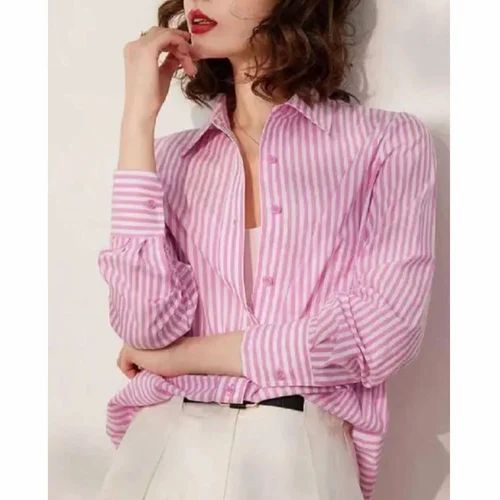 Womens Pink Striped Cotton Blend Shirt