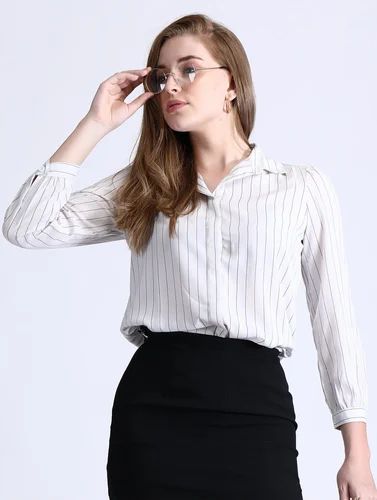 Stripes Women Crepe White Formal Striped Button Down Shirt, Size: XL