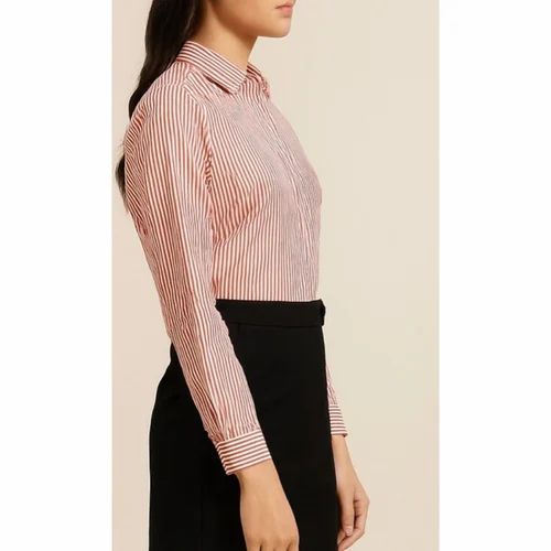 Peach Women Cotton Striped Shirt, Size: Medium
