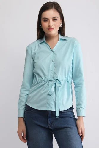 Light Blue Striped Waist-Tie Casual Shirt for Women, Cotton Blend
