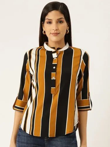 Aayna Polyester Women Collar Neck Striped Top, Machine wash, Size: Small