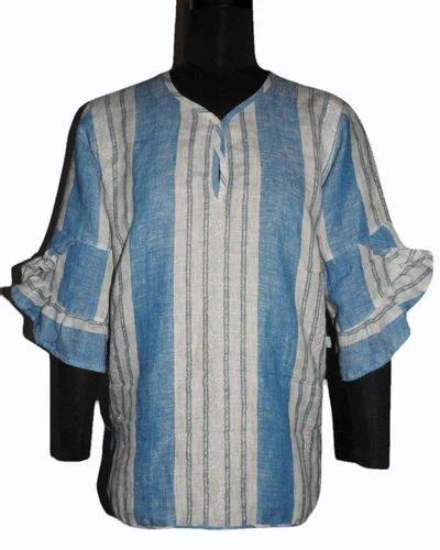 White And Blue LINEN STRIPE TOP