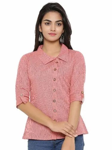Peach Yash Gallery Women's Cotton Slub Printed Shirt