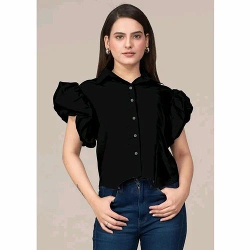 Plain Ladies Black Crepe Shirt, Size: XL