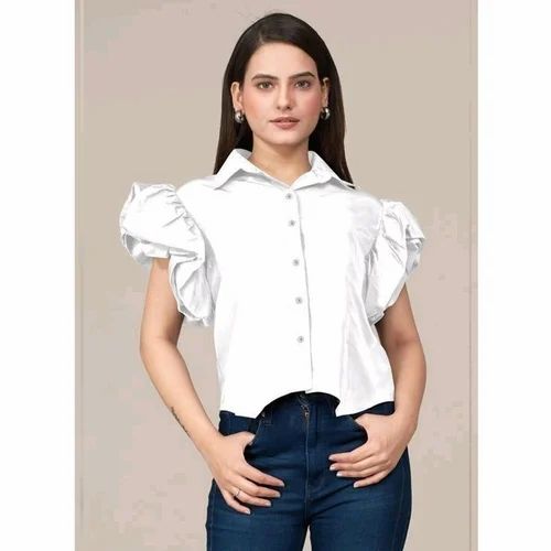 Plain Ladies White Crepe Shirt, Size: XL