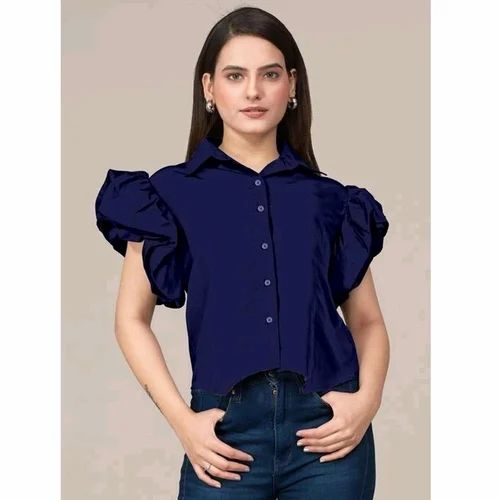 Plain Ladies Blue Crepe Shirt, Size: XL, Casual
