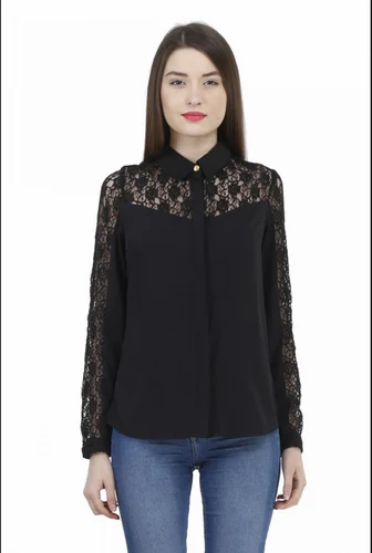 Black Crafted In Fine Crepe Fabric Shirt With Lace Inserts