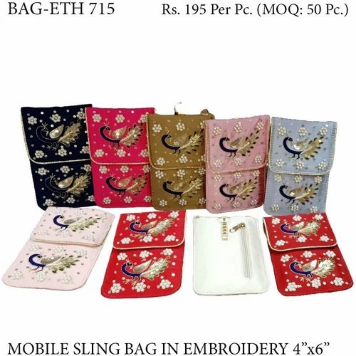 Crossbody MOBILE SLING 4"x6" BAG IN SEQUIN EMBROIDERY FABRIC 715, Material: SILK