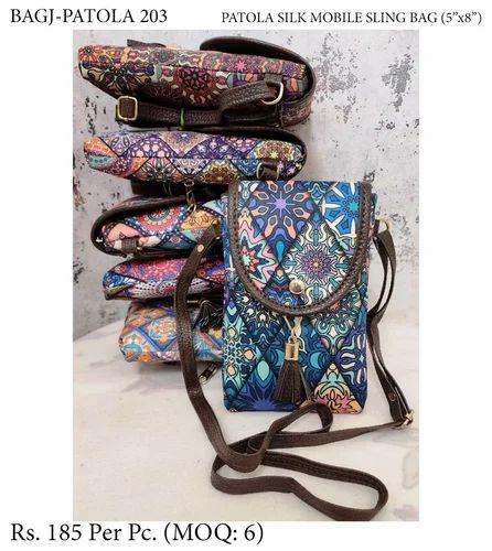 Women PATOLA SILK DIGITAL PRINT PU LEATHER MOBLE 5"x8" SLING BAG 203