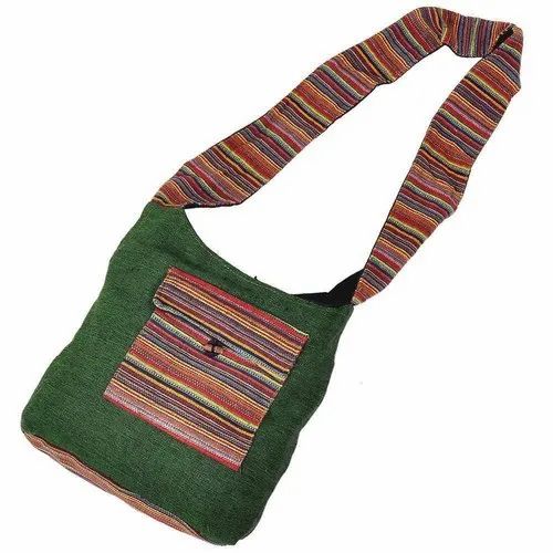Green Cotton Designer Shoulder Bag 143, Size: 13" X 15"