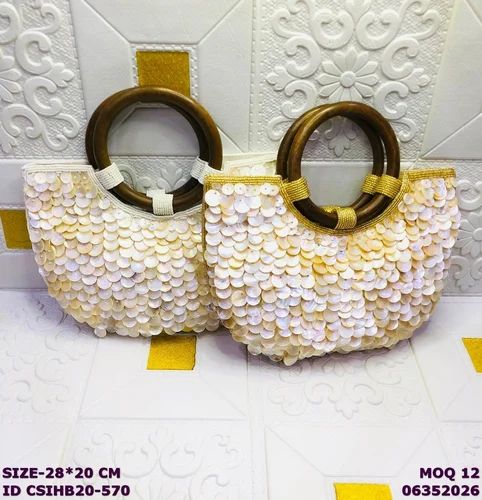Handmade Shell Sequin Handbag with Wooden Handle