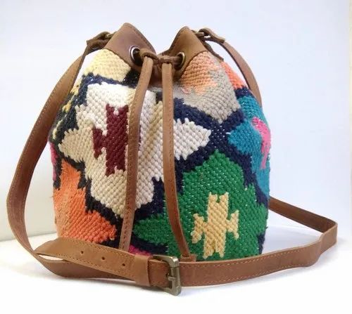 Multicolor Women Kilim Leather Bucket Bag, Size: 7x7x10 Inch
