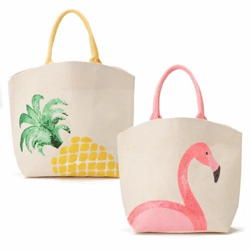 Multicolor Cotton White Printed Beach Bag