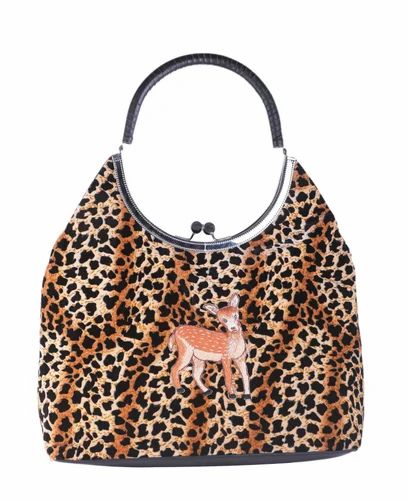 Black and Cream Cotton Printed Fabric Hand Bag, For Casual