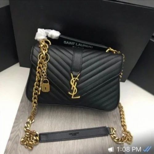 SAINT LAURENT Grain De Poudre Matelasse Chevron Medium Monogram Satchel Black
