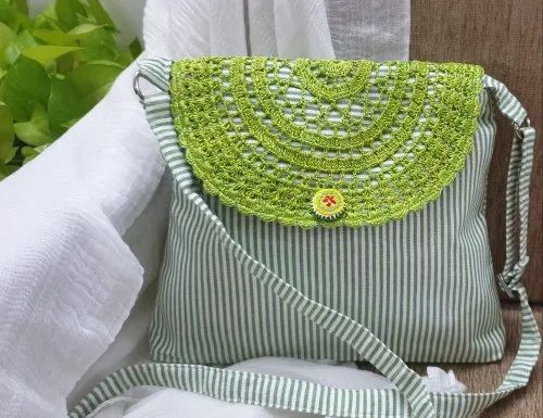 Green N White Pin Stripes Cotton Fabric Sling Bag