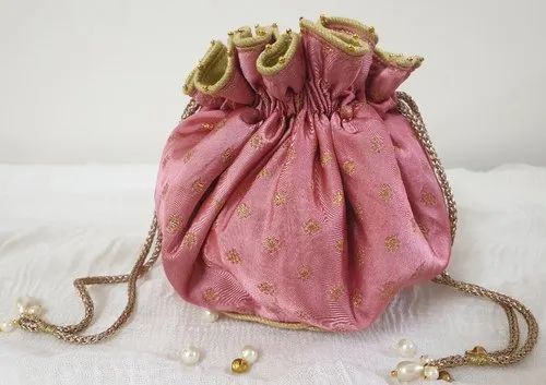 Panigha Drawstring Light Pink Silk Jewellery Pouch, For Gift, Size/Dimension: 5"