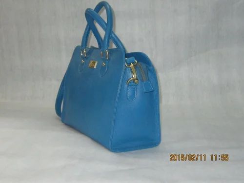 Blue Plain Ladies Leather Handbags