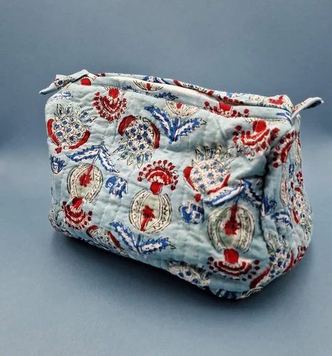 Indian quilted hand block print cotton cosmetic bag