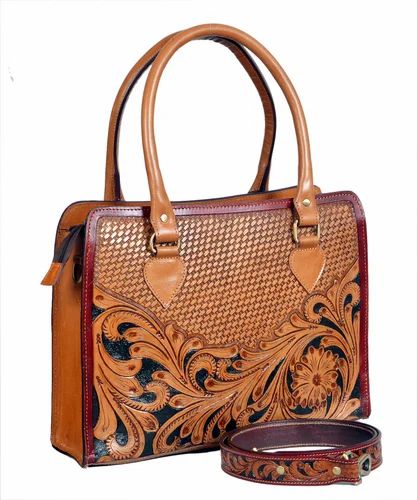 HandCarved Brown Tooted Hand-Carving Handcrafted Veg-Tan Leather Lady Handbag