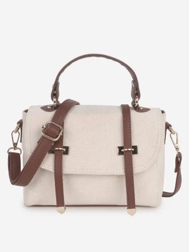 Cotton Solid Off White-Tan Satchel Handbag