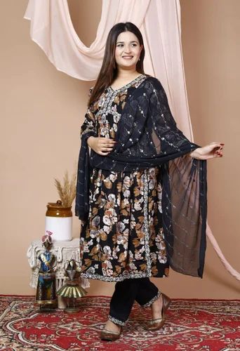 New Designer Pure Cotton Alia cut with embroidery Sikvans work Kurti with Bottom With Fancy Duppata