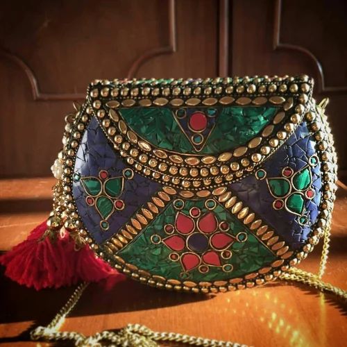 Embroidered Handmade Mosaic Multicolored Metal Clutch Cum Sling Bag