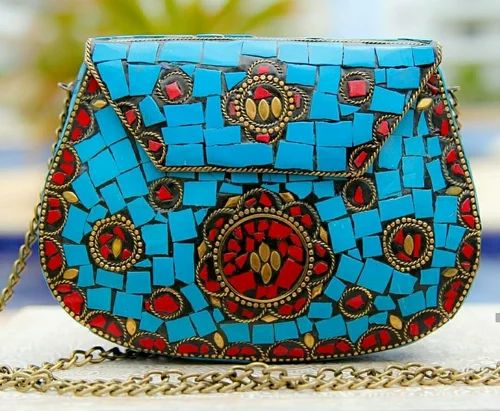 Multicolor Handmade Mosaic Turquoise Metal Clutch Cum Sling Bag