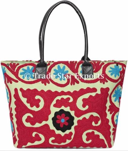 Cotton Premium Suzani Embroidered Beach Bag, 21" X 8" X 22" Inches