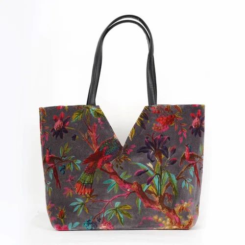 Grey Birds Of Paradise V Cut Velvet Hand Bag