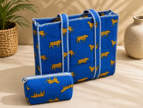 Ladies Cotton Tote Bag with Matching Pouch Quilted Handmade Carry Bag