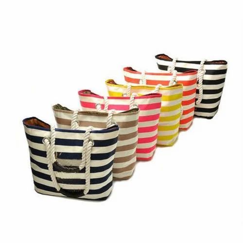 Cotton with polyester lining Striped Beach Bags, 36x42x15cm