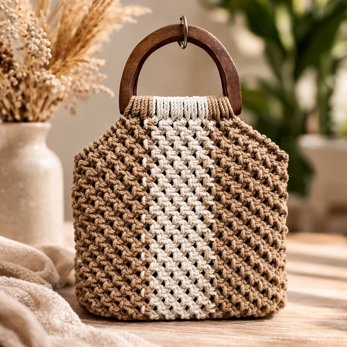 Handmade Macrame Cotton Rope Handbag with Wooden Handle