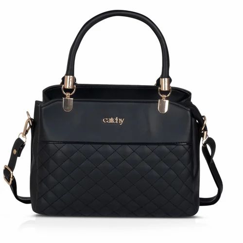 Female Elegant Black Quilted Handbag Premium PU Handbag with Shoulder Strap