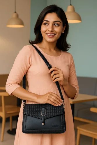 Catchy Womens Black Textured Sling Bag Stylish PU Crossbody Bag