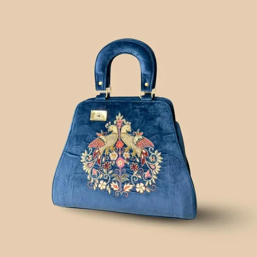 Ethnic Treasures Royal Blue Heritage Peacock Embroidered Velvet Satchel Bag